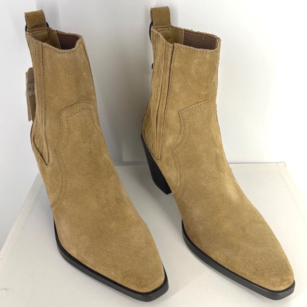 Zara Western Booties Calf Block Heel Tan Suede Boots Women Size 37 US6.5 - Picture 3 of 12